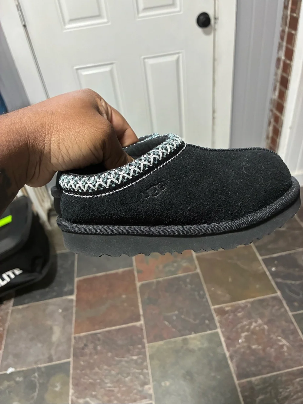 UGG Kids Black Suede Slip-On Slipper with Patterned Collar